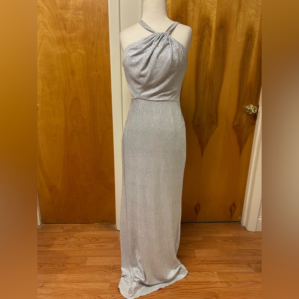 Dessy Collection silver long column halter formal dress NWT size 8